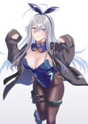 Rule 34 | 1girl, 86 -eightysix-, alternate costume, animal ears, antenna hair, belt, blue leotard, borrowed clothes, breasts, brown jacket, brown pantyhose, cleavage, closed mouth, covered navel, detached collar, fake animal ears, grey eyes, grey hair, hair between eyes, hands up, highres, holster, jacket, large breasts, leotard, long bangs, long hair, military jacket, multiple belts, open clothes, open jacket, pantyhose, playboy bunny, rabbit ears, rabbit pose, shoes, shousuke, simple background, sleeves past wrists, smile, solo, standing, standing on one leg, strapless, strapless leotard, thigh belt, thigh holster, thigh strap, vladilena millize