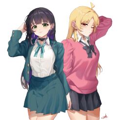 Rule 34 | 2girls, absurdres, alternate costume, arm up, black hair, blonde hair, bocchi the rock!, chin piercing, commentary, ear piercing, enferverge, english commentary, green eyes, highres, ijichi seika, jacket, multiple girls, open clothes, open jacket, orange eyes, pa-san, piercing, school uniform, shirt, sweater, white shirt