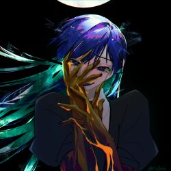 Rule 34 | 1other, androgynous, aqua hair, black background, black necktie, blue eyes, blue hair, crystal hair, floating hair, gem uniform (houseki no kuni), golden arms, hand on own face, hands up, highres, houseki no kuni, long hair, looking at viewer, multicolored hair, necktie, open mouth, other focus, phosphophyllite, phosphophyllite (ll), puffy short sleeves, puffy sleeves, ru0m6, short sleeves, smile, smirk, solo, spoilers, twitter username, two-tone hair, upper body