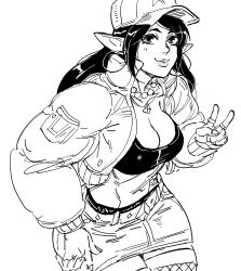 Rule 34 | 1girl, bad id, baseball cap, bb (baalbuddy), breasts, cleavage, closed mouth, commentary, cowboy shot, english commentary, greyscale, hand up, hat, highres, inactive account, jacket, jewelry, leaning forward, long hair, long sleeves, looking at viewer, midriff, miniskirt, monochrome, navel, open clothes, open jacket, paladins, pencil skirt, pointy ears, ring, simple background, skirt, smile, solo, strapless, tube top, v, white background, ying (paladins)