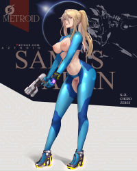 Rule 34 | 1girl, artist name, aztodio, blonde hair, blue eyes, blue gloves, blush, breastless clothes, breasts, character name, copyright name, crotchless, directed-energy weapon, energy gun, energy weapon, full body, gloves, gun, hair between eyes, handgun, high heels, highres, large breasts, legs, long hair, looking at viewer, metroid, navel, nintendo, nipples, paralyzer, parted lips, pistol, ponytail, pussy, samus aran, sidelocks, skin tight, solo, standing, uncensored, weapon, zero suit