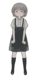 Rule 34 | 1girl, alternate costume, arms at sides, asasow, black footwear, black skirt, black socks, brown eyes, closed mouth, collared shirt, commentary request, expressionless, full body, grey hair, grey shirt, hatoba tsugu, highres, kneehighs, looking at viewer, mole, mole under eye, puffy short sleeves, puffy sleeves, shirt, shirt tucked in, short sleeves, simple background, skirt, socks, solo, standing, suspender skirt, suspenders, tsugu (vtuber), virtual youtuber, white background