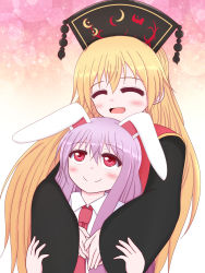 Rule 34 | 2girls, altas, black dress, black headwear, blonde hair, blush, chinese clothes, closed eyes, closed mouth, collared shirt, crescent, dress, gradient background, hair between eyes, hands up, hat, highres, hug, hug from behind, junko (touhou), junko day, long hair, long sleeves, looking at another, looking up, multicolored background, multiple girls, necktie, open mouth, orange background, phoenix crown, pink background, pom pom (clothes), purple hair, red eyes, red necktie, reisen udongein inaba, shirt, short sleeves, smile, standing, tabard, tongue, touhou, white background, white shirt, wide sleeves, yellow background