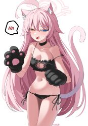 Rule 34 | 1girl, absurdres, ahoge, animal ear fluff, animal ears, animal hands, black bra, black choker, black gloves, black panties, blue archive, blue eyes, blush, bra, breasts, cat cutout, cat ears, cat lingerie, cat tail, choker, cleavage, clothing cutout, collarbone, cowboy shot, fang, gloves, hair between eyes, halo, highres, hoshino (blue archive), long hair, meme attire, open mouth, panties, paw gloves, pink hair, pink halo, rirua (kjom802), signature, simple background, small breasts, smile, solo, spoken blush, tail, underwear, white background, yellow eyes