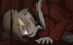 Rule 34 | 1boy, blonde hair, blood, blurry, cbow, depth of field, edward elric, fullmetal alchemist, fur trim, gloves, long hair, looking away, lying, male focus, on side, prosthesis, prosthetic arm, serious, silver trim, solo, upper body, white gloves, yellow eyes