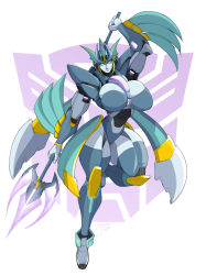 Rule 34 | 1girl, autobot, boots, breasts, colored sclera, curvy, female focus, fighting stance, green sclera, highres, joints, large breasts, looking at viewer, mechanical arms, mechanical legs, original, ornament, polearm, robot ears, robot girl, robot joints, solo, transformers, trident, weapon, white eyes