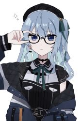 Rule 34 | 1girl, adjusting eyewear, aqua ribbon, beret, black choker, black hat, black shirt, blue eyes, blue jacket, choker, closed mouth, collared shirt, commentary request, dress shirt, earrings, glasses, green ribbon, hair between eyes, hair ribbon, hat, hololive, hoshimachi suisei, hoshimachi suisei (streetwear), jacket, jewelry, long sleeves, looking at viewer, neck ribbon, off shoulder, one side up, open clothes, open jacket, ribbon, ring, saifu (saihu715), shirt, short sleeves, sidelocks, simple background, solo, upper body, virtual youtuber, white background
