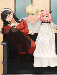Rule 34 | 1boy, 2girls, :d, ahoge, anya (spy x family), arm under breasts, black hair, black pantyhose, blanket, blonde hair, blue eyes, bottle, breasts, child, cleavage, closed eyes, closed mouth, collarbone, couch, dress, earrings, family, gold earrings, green eyes, hairband, highres, holding, holding blanket, holding bottle, jewelry, leaning to the side, long hair, looking at another, medium hair, multiple girls, muwon, on couch, open mouth, pantyhose, pink hair, red sweater, short hair, sitting, sleeping, smile, spy x family, straight hair, sweater, sweater dress, swept bangs, twilight (spy x family), white hairband, wine bottle, yor briar