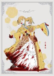 1boy 1girl aku_no_meshitsukai_(vocaloid) aku_no_musume_(vocaloid) allen_avadonia blood blood_on_clothes blood_on_face blood_on_ground blood_on_hands border bow brooch brown_footwear coat commentary_request detached_collar dress english_text evillious_nendaiki flower frilled_dress frilled_sleeves frills gown grey_background hair_bow hair_ornament hair_up hairpin highres invisible jewelry juliet_sleeves kagamine_len kagamine_rin kuiruri long_sleeves multiple_hairpins ornate_border ponytail princess puffy_sleeves riliane_lucifen_d&#039;autriche rose shoes short_ponytail siblings splatter tassel twins vocaloid waltz_(dance) wide_sleeves yellow_bow yellow_coat yellow_dress yellow_flower yellow_rose