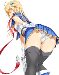 Rule 34 | 1girl, 212 (kisaragi), ahoge, ass, bent over, blazblue, blazblue: chronophantasma, blonde hair, blue eyes, clothes lift, extraction, from behind, gloves, gun, highres, looking back, noel vermillion, panties, pantyshot, skirt, skirt lift, solo, thighhighs, transparent background, underwear, upskirt, weapon, white background, white panties
