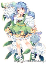 Rule 34 | 1girl, :o, absurdres, blue hair, blush, brown eyes, commentary request, dmm, flower, flower knight girl, full body, highres, kodemari (flower knight girl), long hair, long sleeves, looking at viewer, low twintails, morinaga kobato, official art, sheath, sheathed, footwear ribbon, simple background, solo, standing, twintails, white background