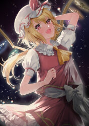 Rule 34 | 1girl, ascot, blonde hair, crystal, dress, eroriru, flandre scarlet, hand up, happy, hat, long hair, night, night sky, open mouth, red dress, red eyes, red ribbon, ribbon, side ponytail, sky, solo, star (sky), starry sky, touhou, white ribbon, yellow ascot
