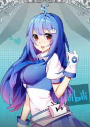 Rule 34 | 1girl, 98ysx, absurdres, ahoge, bili girl 22, bilibili, blue hair, blue necktie, blue skirt, blush, breasts, copyright name, gloves, highres, large breasts, looking at viewer, necktie, open mouth, red eyes, skirt, smile, solo, upper body, white gloves