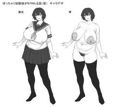 Rule 34 | 1girl, black thighhighs, breasts, covered erect nipples, female focus, female pubic hair, huge breasts, japanese text, large areolae, looking at viewer, monochrome, navel, nipples, original, plump, pubic hair, rui puka, school uniform, short hair, skirt, solo, standing, thick thighs, thighhighs, thighs, translation request, white background