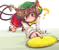 Rule 34 | 1girl, :3, ?, all fours, amulet coin, animal ears, bow, brown eyes, brown hair, cat ears, cat tail, chen, coin, dress, ear piercing, earrings, gold, hat, jewelry, koban (gold), long sleeves, mob cap, multiple tails, nekomata, piercing, pun, red dress, shinapuu, shirt, single earring, solo, tail, touhou