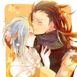 Rule 34 | 1boy, 1girl, blue hair, blush, bow, brown hair, collarbone, couple, dotted line, eyebrow piercing, closed eyes, fairy tail, flower (symbol), kissing forehead, gajeel redfox, hand on another&#039;s chest, hand on another&#039;s head, headband, hetero, hug, imminent kiss, kiryuu shiromaru, kiss, kissing forehead, levy mcgarden, lip piercing, long hair, orange background, piercing, scarf, spiked hair, sweatdrop, tattoo, white background