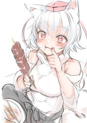 Rule 34 | 1girl, :t, animal ears, bare shoulders, blush, content rating, detached sleeves, eating, food, hat, highres, inubashiri momiji, pom pom (clothes), red eyes, short hair, sketch, solo, tail, tokin hat, touhou, wolf ears, wolf tail, yoyoiro (sysi20)