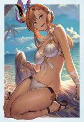 Rule 34 | 1girl, bare shoulders, beach, bikini, blush, braid, breasts, brown eyes, brown hair, cleavage, day, granblue fantasy, hair ornament, halterneck, head wings, highres, konoike (pepe expect), large breasts, long hair, looking at viewer, navel, open mouth, outdoors, sandals, sitting, smile, solo, swimsuit, thighs, tweyen (eternal&#039;s summer vacation) (granblue fantasy), tweyen (granblue fantasy), wariza, white bikini, wings