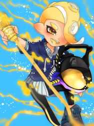 Rule 34 | 1boy, angle shooter (splatoon), artist name, black leggings, blonde hair, blue background, commentary request, hair over one eye, highres, holding, holding weapon, leggings, male focus, medium hair, mohawk, nintendo, octoling, octoling boy, octoling player character, open mouth, print footwear, shoes, simple background, slosher (splatoon), smile, solo, splatoon (series), splatoon 3, teeth, tentacle hair, thick eyebrows, twitter username, weapon, yeh m4, yellow eyes
