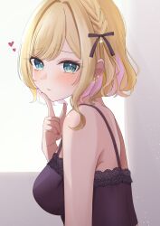 Rule 34 | 1girl, absurdres, bare shoulders, black camisole, black ribbon, blonde hair, blue eyes, blush, braid, breasts, camisole, colored inner hair, earclip, earrings, finger to cheek, french braid, hair ribbon, heart, heart in eye, highres, index finger raised, jewelry, kurumi noah, lace-trimmed camisole, lace trim, looking at viewer, medium breasts, multicolored hair, pink hair, pink nails, ribbon, short hair, solo, stud earrings, sweatdrop, symbol in eye, tearing up, upper body, virtual youtuber, vspo!, wavy hair, ysnhryk