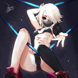 Rule 34 | 1girl, black sclera, breasts, colored sclera, dated, ejami, looking at viewer, mask, mouth mask, nail polish, original, red eyes, short hair, signature, solo, white hair, wwe