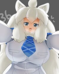 Rule 34 | 1girl, ahoge, animal ear fluff, animal ears, blue necktie, blush, breasts, commentary request, elbow gloves, fur collar, gloves, grey background, grey eyes, heart, highres, kemono friends, large breasts, lets0020, lion ears, lion girl, long hair, looking at viewer, medium bangs, necktie, numbered, open mouth, pinned, plaid necktie, pov, shirt, sidelocks, smile, solo, upper body, very long hair, white gloves, white hair, white lion (kemono friends), white shirt