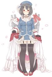 Rule 34 | 10s, 1girl, 7010, adapted costume, alternate costume, black gloves, black hair, black thighhighs, blush, breasts, garter straps, gloves, hat, kantai collection, looking at viewer, personification, petals, red eyes, short hair, simple background, smile, solo, takao (kancolle), tears, thighhighs, white background, zettai ryouiki