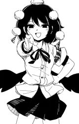 Rule 34 | 1girl, armband, black eyes, black hair, black skirt, black wings, clenched hand, collared shirt, cowboy shot, greyscale, hand on own hip, hat, looking at viewer, maguro (mawaru sushi), monochrome, neck ribbon, open mouth, pleated skirt, pointing, pointing at viewer, pom pom (clothes), ribbon, shameimaru aya, shirt, short hair, short sleeves, simple background, skirt, smile, solo, standing, tassel, tokin hat, touhou, white background, white shirt, wings