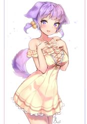 Rule 34 | 1girl, animal ears, artist name, blurry, blush, breasts, cheli (kso1564), collarbone, cowboy shot, depth of field, dog ears, dog girl, dog tail, dress, hair bobbles, hair ornament, hands on own chest, highres, large breasts, looking at viewer, open mouth, original, purple eyes, purple hair, short twintails, signature, smile, solo, tail, tsurime, twintails, yellow dress