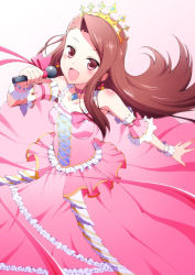 Rule 34 | 10s, 1girl, brown hair, choker, crown, earrings, idolmaster, idolmaster (classic), idolmaster million live!, jewelry, long hair, microphone, minase iori, music, ookami maito, open mouth, red eyes, ribbon, singing, solo
