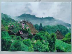 Rule 34 | building, flower, forest, grey sky, highres, house, mountain, mountainous horizon, nature, no humans, original, painting (medium), pine tree, pink flower, rural, scenery, sky, tetsugbl14, thatched roof, traditional media, tree, village