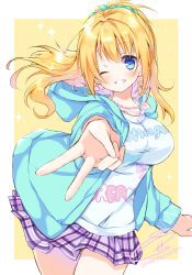 Rule 34 | 1girl, absurdres, aqua hoodie, aqua scrunchie, arm at side, blonde hair, blue eyes, blush, border, breasts, casual, clothes writing, commentary, cowboy shot, earrings, english text, floating hair, foreshortening, grin, hair between eyes, hair ornament, hair scrunchie, happy, heart, heart earrings, heart necklace, highres, hood, hood down, hoodie, impossible clothes, jewelry, kin-iro loveriche, kisaki reina, large breasts, long hair, looking at viewer, miniskirt, necklace, one eye closed, open clothes, open hoodie, outstretched arm, pearl necklace, plaid, plaid skirt, pleated skirt, purple skirt, scrunchie, shirt, signature, simple background, skirt, smile, solo, sparkle, twitter username, usetsusakon2, v, white border, white shirt, yellow background