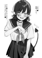 Rule 34 | 1girl, blush, choker, collarbone, commentary request, demon tail, greyscale, hair between eyes, highres, looking at viewer, monochrome, neckerchief, open mouth, original, pleated skirt, pointy ears, sailor collar, school uniform, serafuku, shirt, short sleeves, simple background, skirt, solo, subachi, tail, tail raised, translation request, white background