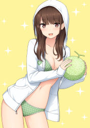 Rule 34 | 1girl, bikini, bikini under clothes, blunt bangs, breasts, brown hair, cantaloupe, cleavage, collarbone, cowboy shot, food, fruit, gluteal fold, green bikini, holding, holding food, hood, hood up, hooded jacket, jacket, leaning to the side, long hair, long sleeves, looking at viewer, medium breasts, cantaloupe, nakamura sumikage, open clothes, open jacket, original, purple eyes, simple background, solo, sparkle, swimsuit, unzipped, white jacket, yellow background, zipper pull tab