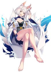 Rule 34 | 1girl, animal ears, azur lane, barefoot, blue eyes, breasts, character name, cleavage, commentary, crossed legs, feet, fox ears, fox tail, full body, hakama, hakama short skirt, hakama skirt, highres, holding, japanese clothes, looking at viewer, mask, medium breasts, moriyama yuuki, multiple tails, open mouth, short hair, simple background, skirt, smile, solo, tail, white background, white hair, wide sleeves