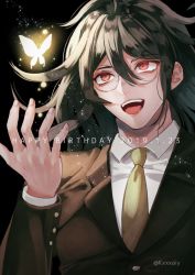 Rule 34 | 1boy, artist name, brown jacket, bug, butterfly, commentary request, danganronpa (series), danganronpa v3: killing harmony, dated, glasses, gokuhara gonta, hair between eyes, happy birthday, insect, jacket, layered sleeves, long hair, long sleeves, male focus, necktie, open mouth, orange necktie, sakuyu, school uniform, shirt, solo, teeth, upper body, upper teeth only, white shirt