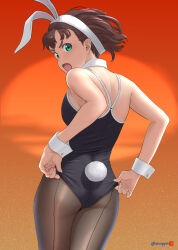 Rule 34 | 1girl, 2023, adjusting clothes, animal ears, ass, back, bare arms, bare shoulders, black leotard, blush, breasts, chinese zodiac, cowboy shot, detached collar, fake animal ears, fake tail, from behind, highres, leotard, looking at viewer, looking back, medium breasts, mu-pyon, open mouth, original, pantyhose, playboy bunny, rabbit ears, rabbit tail, simple background, solo, tail, wrist cuffs, year of the rabbit