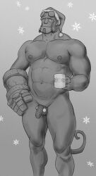 Rule 34 | 1boy, absurdres, bara, belly, blank eyes, broken horn, christmas, cup, demon boy, feet out of frame, flaccid, greyscale, hat, hellboy, hellboy (comic), highres, horns, large hands, large pectorals, looking ahead, male focus, mature male, monochrome, monster boy, mug, muscular, muscular male, mutton chops, nipples, nude, pectorals, penis, penis sheath, santa hat, smagma, snowflake background, solo, standing, strongman waist, thick thighs, thighs, ugly man
