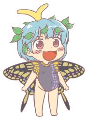 Rule 34 | 1girl, anonymous (japanese), antennae, aqua hair, barefoot, black leotard, blush, blush stickers, brown eyes, butterfly wings, eternity larva, fairy, full body, groin, gyate gyate, insect wings, jaggy lines, leaf, leaf on head, leotard, open mouth, pregnant, short hair, short sleeves, smile, solo, touhou, transparent background, wings