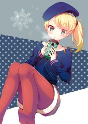 Rule 34 | 1girl, :o, beret, blonde hair, blue sweater, blush, breath, cup, green eyes, hat, highres, holding, holding cup, knees together feet apart, nanohana kohina, off shoulder, open mouth, original, pantyhose, polka dot, polka dot background, red pantyhose, ribbed sweater, short shorts, shorts, side ponytail, sitting, snowflake background, snowflakes, solo, sweater, swept bangs, thermos, wavy hair