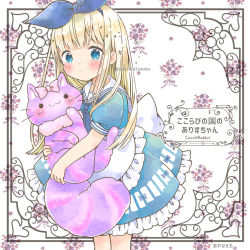 Rule 34 | 1girl, :3, alice in wonderland, apron, artist name, blonde hair, blue bow, blue dress, blue eyes, blue hairband, blue neckerchief, blush, blush stickers, border, bow, cat, child, dot mouth, dress, emo (mikan), english text, floral background, flower, frilled dress, frills, hair bow, hairband, holding, holding stuffed toy, hugging object, mixed-language text, neckerchief, original, ornate border, outside border, petite, pink bow, puffy short sleeves, puffy sleeves, purple flower, sailor collar, sailor dress, short sleeves, sleeve cuffs, solo, stuffed animal, stuffed cat, stuffed toy, waist apron, watermark, white apron, white background, white sailor collar