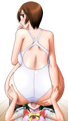 Rule 34 | 1boy, 1girl, ass, back, bikini, black footwear, blush, breasts, brown eyes, brown hair, cleavage, dress, face in ass, green hair, hand on own face, hand on own hip, highres, indoors, large breasts, looking at viewer, looking back, minase itsuki (vs janshi brand-new stars), mokkouyou bond, one-piece swimsuit, open mouth, ribbon, shiny skin, short hair, simple background, sitting, sitting on person, squatting, super real mahjong, sweat, swimsuit, testicles, testicles on face, toyohara etsuko, trap, underwear, vs janshi brand-new stars, white one-piece swimsuit