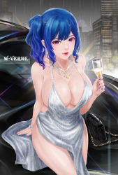 Rule 34 | 1girl, alcohol, azur lane, backless dress, backless outfit, bag, bare shoulders, blue hair, blue nails, bracelet, breasts, building, car, champagne flute, cityscape, cleavage, cup, dress, drinking glass, earrings, evening gown, grey dress, hair ornament, hairclip, halter dress, halterneck, handbag, highres, holding, holding cup, jewelry, large breasts, motor vehicle, nail polish, necklace, night, night sky, pink eyes, plunging neckline, rain, red lips, revealing clothes, side ponytail, sidelocks, silver dress, sitting, sky, skyscraper, st. louis (azur lane), st. louis (luxurious wheels) (azur lane), thighs, w-verne
