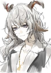 Rule 34 | 1boy, animal ears, arknights, crossed bangs, goat boy, goat ears, goat horns, hair between eyes, highres, horns, jewelry, kreide (arknights), long hair, looking at viewer, male focus, necklace, open clothes, open shirt, portrait, purple eyes, shirt, simple background, sketch, smile, solo, white background, white hair, white shirt, yrdd
