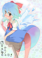 Rule 34 | 1girl, ascot, blue hair, blush, bow, brown eyes, child, circled 9, cirno, dress, eating, electric fan, fanning crotch, food, grey eyes, hair bow, hot, ice, ice wings, looking at viewer, no panties, nose blush, popsicle, puuakachan, see-through, short hair, solo, standing, sweatdrop, thigh gap, touhou, under skirt, wings
