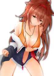 Rule 34 | 1girl, absurdres, ahoge, bikini, black jacket, blush, breasts, brown eyes, cleavage, closed mouth, collarbone, hair flaps, headband, highres, jacket, jewelry, kantai collection, large breasts, leaning forward, long hair, looking at viewer, necklace, open clothes, open jacket, red hair, red headband, remodel (kantai collection), ring, ring necklace, shiratsuyu (kancolle), simple background, smile, solo, swimsuit, terebi-, wedding band, white background, yellow bikini, zipper