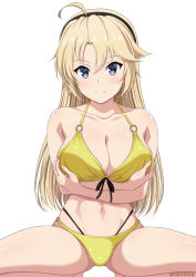 Rule 34 | 1girl, ahoge, bikini, black hairband, blonde hair, blue eyes, blush, breast hold, breasts, cleavage, closed mouth, commission, crossed arms, front-tie bikini top, front-tie top, hairband, highres, inoshira, kohagura ellen, large breasts, long hair, looking at viewer, multi-strapped bikini, navel, o-ring, o-ring bikini, pixiv commission, simple background, smile, solo, squatting, swimsuit, toji no miko, twitter username, white background, yellow bikini