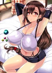 Rule 34 | 1girl, 2000s (style), arms behind head, arms up, bed, black hair, blush, breasts, brown hair, clothes lift, covered erect nipples, earrings, elbow gloves, female focus, final fantasy, final fantasy vii, gloves, highres, huge breasts, jewelry, large breasts, legs, long hair, looking at viewer, low-tied long hair, materia, midriff, miniskirt, no bra, pencil skirt, red eyes, retro artstyle, shiny skin, shirt, shirt lift, sitting, skirt, smile, solo, square enix, suspender skirt, suspenders, tank top, taut clothes, taut shirt, thighs, tifa lockhart, underboob, very long hair, yasakani an