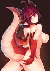 Rule 34 | 1girl, ahoge, ass, ass grab, back, blush, breasts, brown background, cowboy shot, dragon girl, dragon horns, dragon tail, dragon wings, female pubic hair, grabbing own ass, gradient background, granblue fantasy, grea (shingeki no bahamut), hair between eyes, head tilt, highres, horns, large breasts, legs apart, looking at viewer, looking back, nipples, nude, parted lips, pointy ears, pubic hair, purple hair, pussy, pussy juice, red eyes, ricegnat, shingeki no bahamut, short hair, solo, standing, tail, uncensored, wings