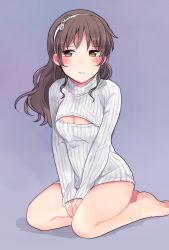 Rule 34 | 10s, 1girl, ashigara (kancolle), bare legs, barefoot, blush, breasts, brown eyes, brown hair, cleavage, cleavage cutout, clothing cutout, fuji fujino, grey background, hairband, kantai collection, long hair, looking at viewer, medium breasts, meme attire, open-chest sweater, revision, ribbed sweater, seiza, simple background, sitting, solo, sweater, v arms, wariza